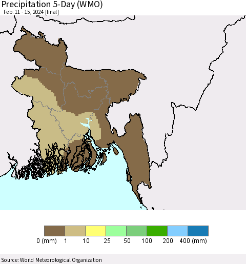 Bangladesh Precipitation 5-Day (WMO) Thematic Map For 2/11/2024 - 2/15/2024