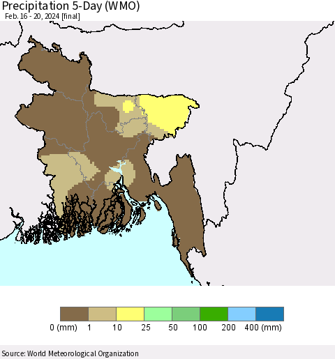 Bangladesh Precipitation 5-Day (WMO) Thematic Map For 2/16/2024 - 2/20/2024