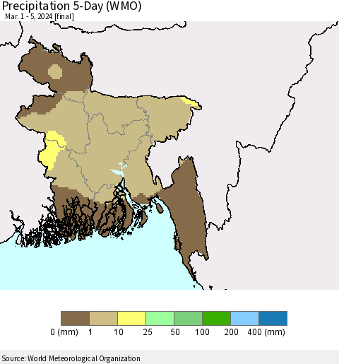 Bangladesh Precipitation 5-Day (WMO) Thematic Map For 3/1/2024 - 3/5/2024