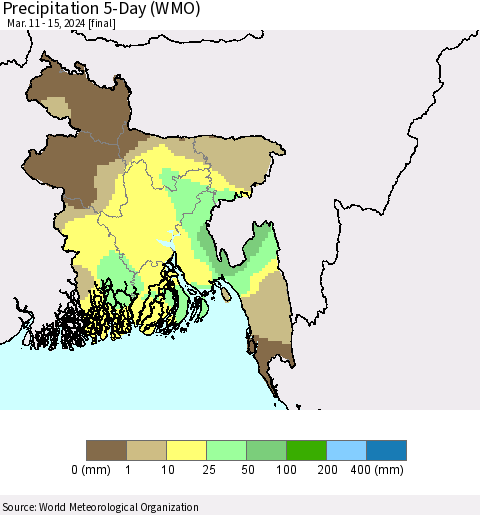 Bangladesh Precipitation 5-Day (WMO) Thematic Map For 3/11/2024 - 3/15/2024