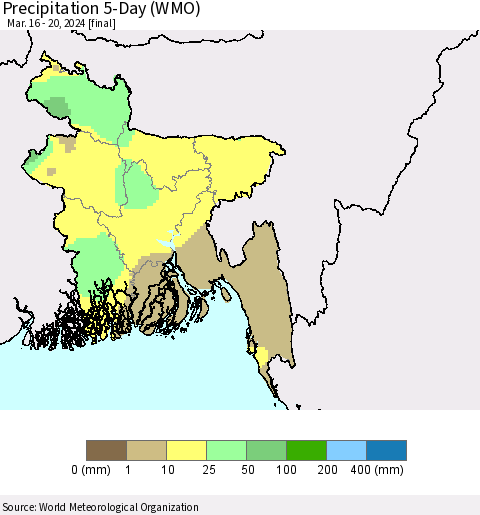 Bangladesh Precipitation 5-Day (WMO) Thematic Map For 3/16/2024 - 3/20/2024