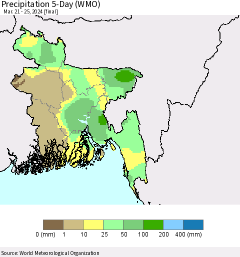Bangladesh Precipitation 5-Day (WMO) Thematic Map For 3/21/2024 - 3/25/2024