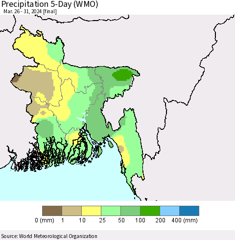 Bangladesh Precipitation 5-Day (WMO) Thematic Map For 3/26/2024 - 3/31/2024