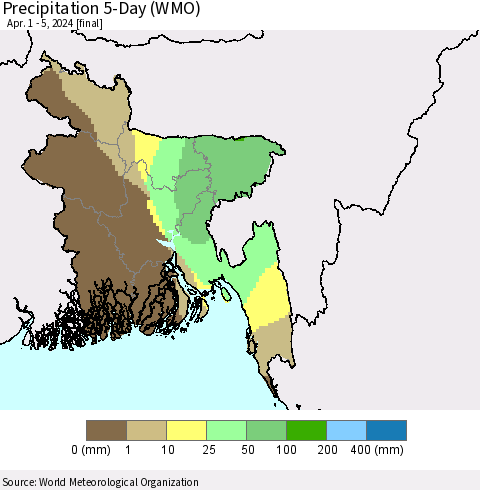 Bangladesh Precipitation 5-Day (WMO) Thematic Map For 4/1/2024 - 4/5/2024