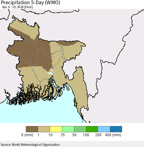 Bangladesh Precipitation 5-Day (WMO) Thematic Map For 4/6/2024 - 4/10/2024