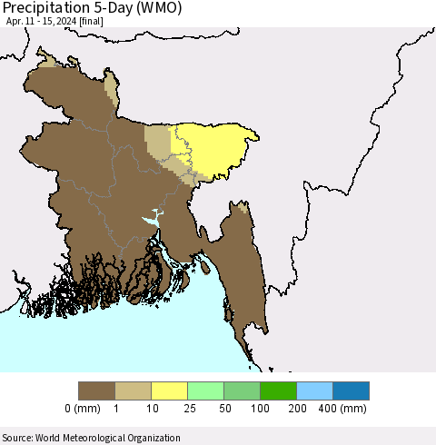 Bangladesh Precipitation 5-Day (WMO) Thematic Map For 4/11/2024 - 4/15/2024