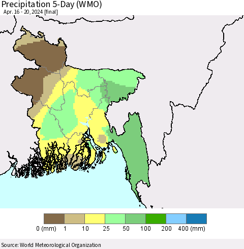 Bangladesh Precipitation 5-Day (WMO) Thematic Map For 4/16/2024 - 4/20/2024