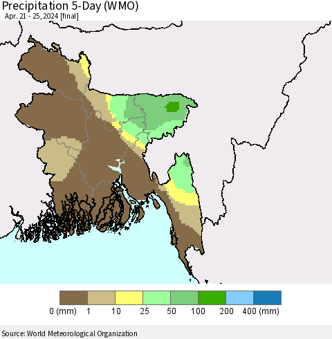 Bangladesh Precipitation 5-Day (WMO) Thematic Map For 4/21/2024 - 4/25/2024