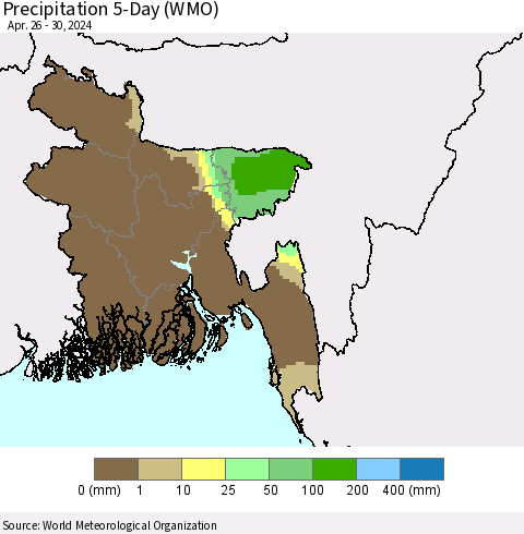 Bangladesh Precipitation 5-Day (WMO) Thematic Map For 4/26/2024 - 4/30/2024