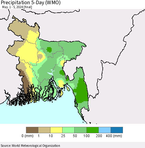 Bangladesh Precipitation 5-Day (WMO) Thematic Map For 5/1/2024 - 5/5/2024