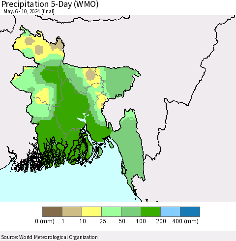 Bangladesh Precipitation 5-Day (WMO) Thematic Map For 5/6/2024 - 5/10/2024