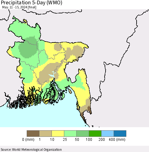Bangladesh Precipitation 5-Day (WMO) Thematic Map For 5/11/2024 - 5/15/2024