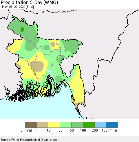 Bangladesh Precipitation 5-Day (WMO) Thematic Map For 5/16/2024 - 5/20/2024