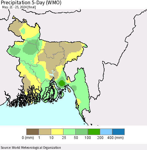Bangladesh Precipitation 5-Day (WMO) Thematic Map For 5/21/2024 - 5/25/2024