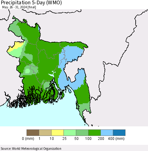 Bangladesh Precipitation 5-Day (WMO) Thematic Map For 5/26/2024 - 5/31/2024