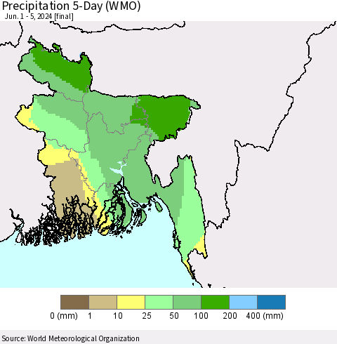 Bangladesh Precipitation 5-Day (WMO) Thematic Map For 6/1/2024 - 6/5/2024