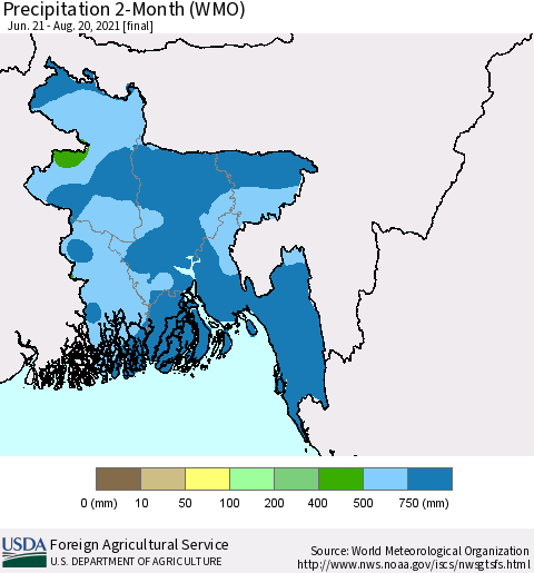 Bangladesh Precipitation 2-Month (WMO) Thematic Map For 6/21/2021 - 8/20/2021