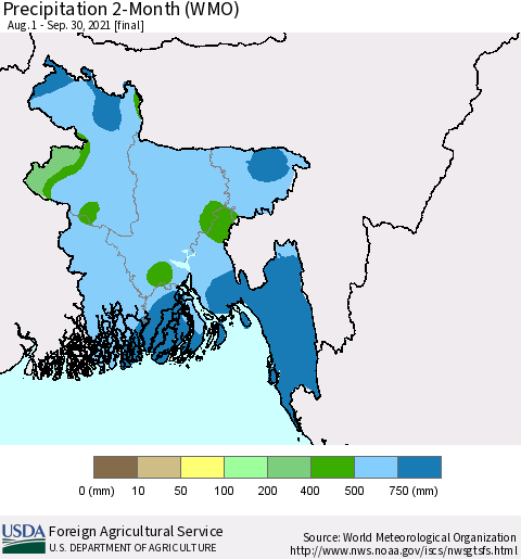 Bangladesh Precipitation 2-Month (WMO) Thematic Map For 8/1/2021 - 9/30/2021