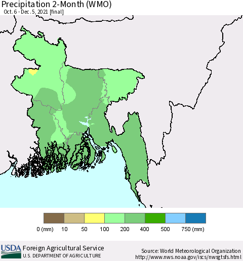 Bangladesh Precipitation 2-Month (WMO) Thematic Map For 10/6/2021 - 12/5/2021