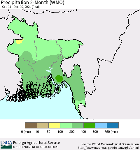 Bangladesh Precipitation 2-Month (WMO) Thematic Map For 10/11/2021 - 12/10/2021