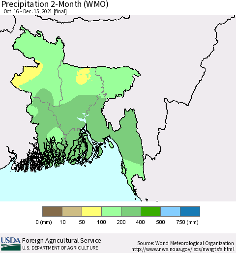 Bangladesh Precipitation 2-Month (WMO) Thematic Map For 10/16/2021 - 12/15/2021