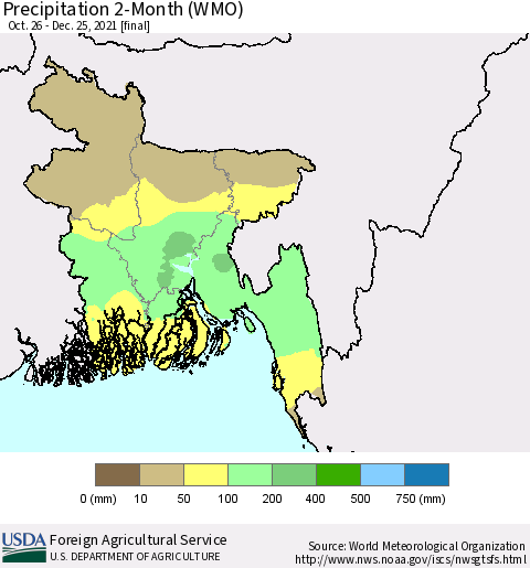 Bangladesh Precipitation 2-Month (WMO) Thematic Map For 10/26/2021 - 12/25/2021