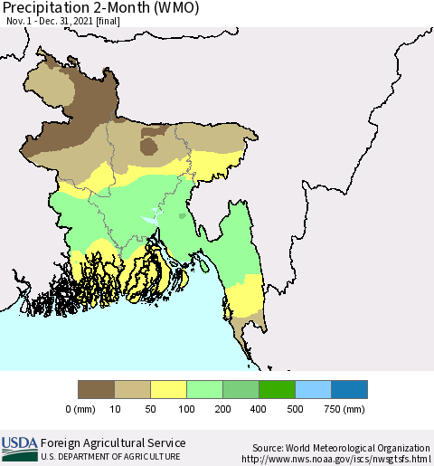 Bangladesh Precipitation 2-Month (WMO) Thematic Map For 11/1/2021 - 12/31/2021