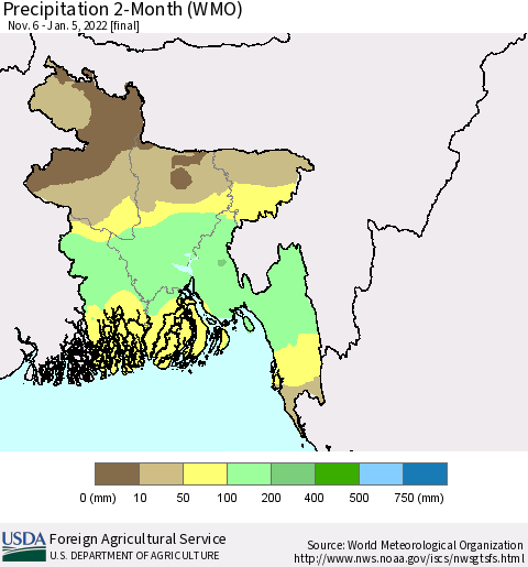 Bangladesh Precipitation 2-Month (WMO) Thematic Map For 11/6/2021 - 1/5/2022