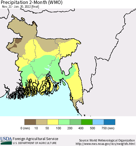Bangladesh Precipitation 2-Month (WMO) Thematic Map For 11/21/2021 - 1/20/2022