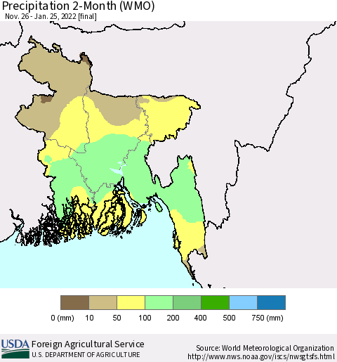 Bangladesh Precipitation 2-Month (WMO) Thematic Map For 11/26/2021 - 1/25/2022