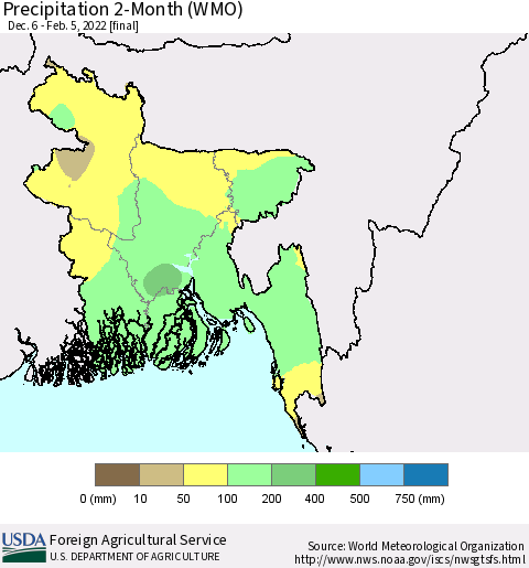 Bangladesh Precipitation 2-Month (WMO) Thematic Map For 12/6/2021 - 2/5/2022