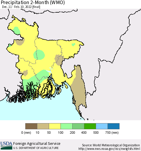 Bangladesh Precipitation 2-Month (WMO) Thematic Map For 12/11/2021 - 2/10/2022