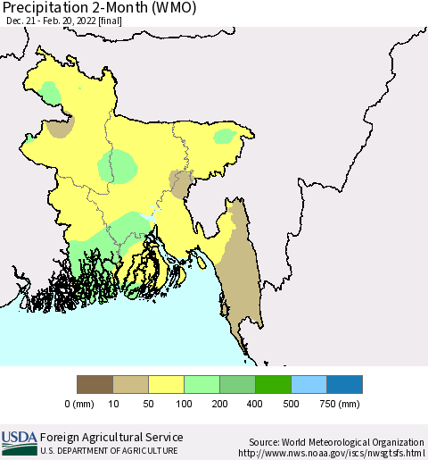 Bangladesh Precipitation 2-Month (WMO) Thematic Map For 12/21/2021 - 2/20/2022