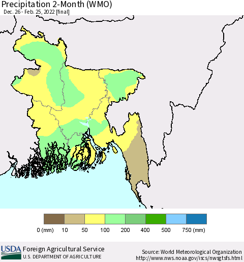 Bangladesh Precipitation 2-Month (WMO) Thematic Map For 12/26/2021 - 2/25/2022