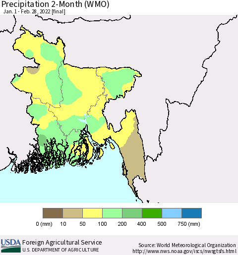 Bangladesh Precipitation 2-Month (WMO) Thematic Map For 1/1/2022 - 2/28/2022
