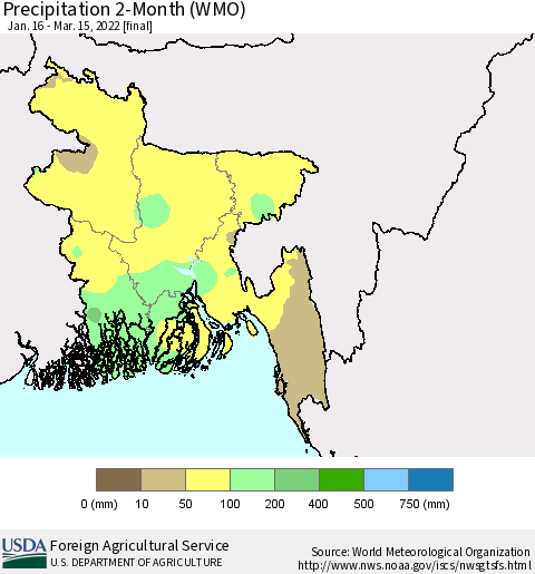 Bangladesh Precipitation 2-Month (WMO) Thematic Map For 1/16/2022 - 3/15/2022