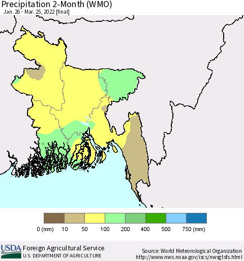 Bangladesh Precipitation 2-Month (WMO) Thematic Map For 1/26/2022 - 3/25/2022