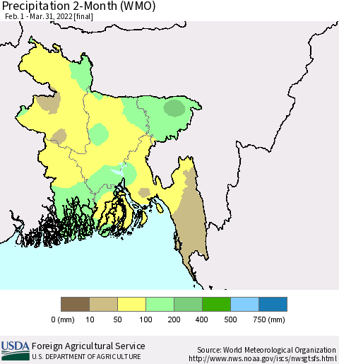 Bangladesh Precipitation 2-Month (WMO) Thematic Map For 2/1/2022 - 3/31/2022