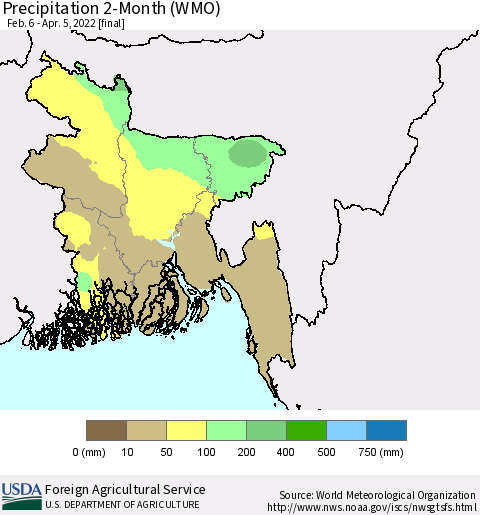 Bangladesh Precipitation 2-Month (WMO) Thematic Map For 2/6/2022 - 4/5/2022