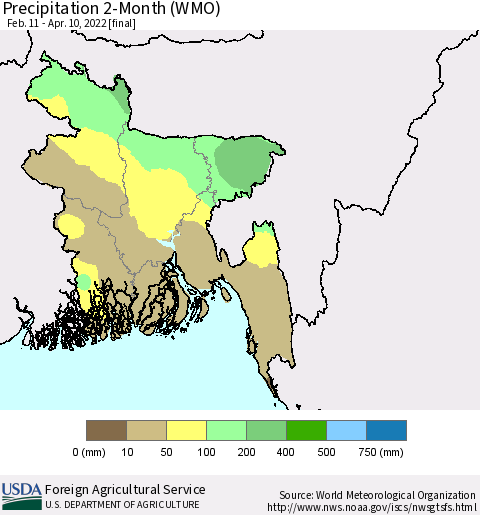 Bangladesh Precipitation 2-Month (WMO) Thematic Map For 2/11/2022 - 4/10/2022