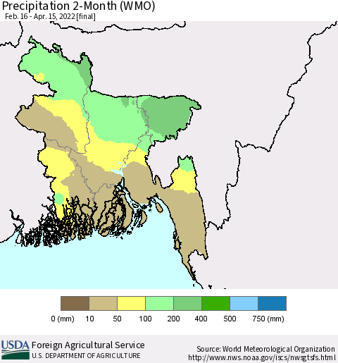 Bangladesh Precipitation 2-Month (WMO) Thematic Map For 2/16/2022 - 4/15/2022