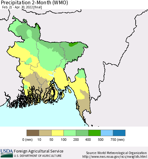 Bangladesh Precipitation 2-Month (WMO) Thematic Map For 2/21/2022 - 4/20/2022