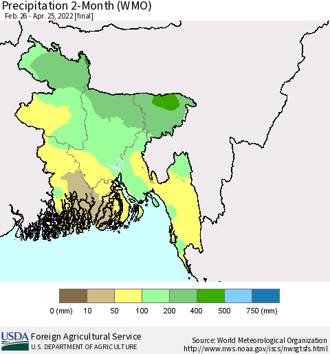 Bangladesh Precipitation 2-Month (WMO) Thematic Map For 2/26/2022 - 4/25/2022