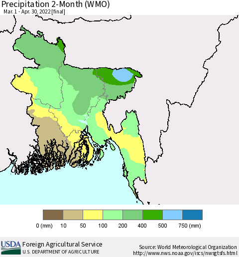 Bangladesh Precipitation 2-Month (WMO) Thematic Map For 3/1/2022 - 4/30/2022