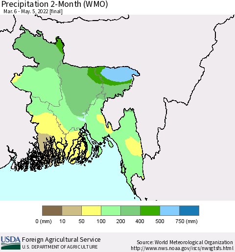 Bangladesh Precipitation 2-Month (WMO) Thematic Map For 3/6/2022 - 5/5/2022