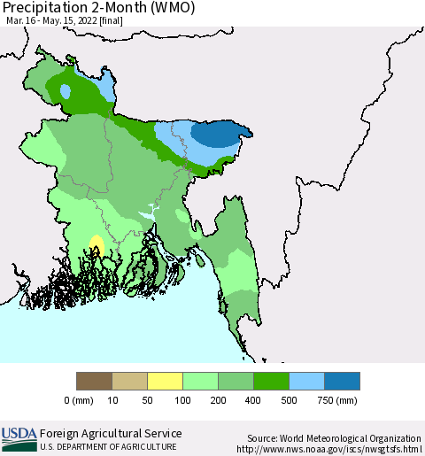 Bangladesh Precipitation 2-Month (WMO) Thematic Map For 3/16/2022 - 5/15/2022