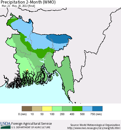 Bangladesh Precipitation 2-Month (WMO) Thematic Map For 3/21/2022 - 5/20/2022