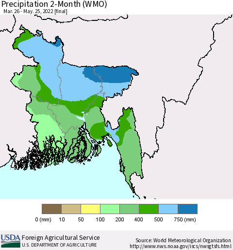 Bangladesh Precipitation 2-Month (WMO) Thematic Map For 3/26/2022 - 5/25/2022