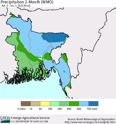 Bangladesh Precipitation 2-Month (WMO) Thematic Map For 4/6/2022 - 6/5/2022