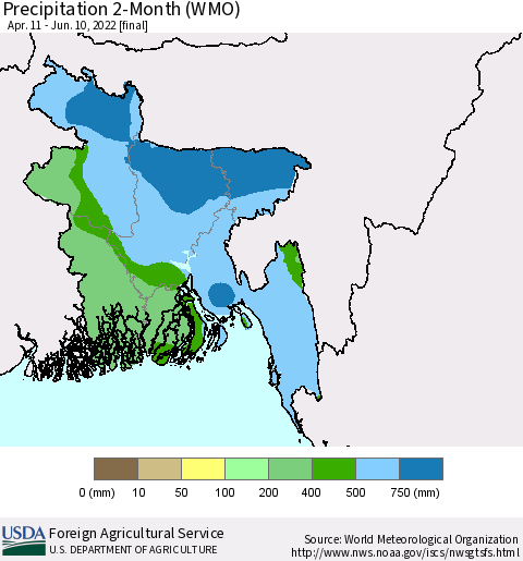 Bangladesh Precipitation 2-Month (WMO) Thematic Map For 4/11/2022 - 6/10/2022